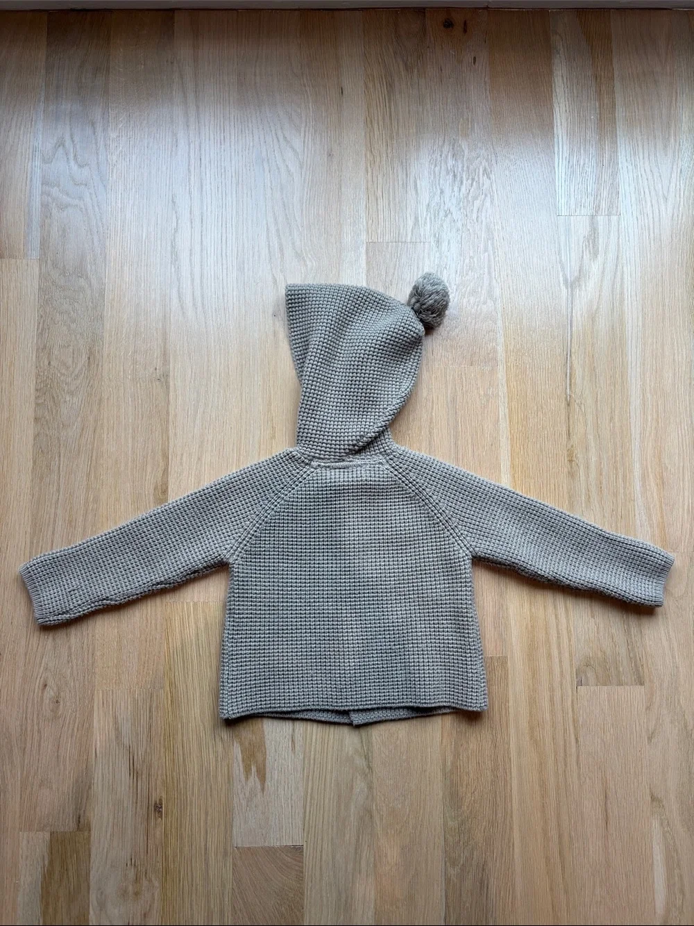 Rylee + Cru Taupe Knit Hooded Cardigan with Pom Pom
